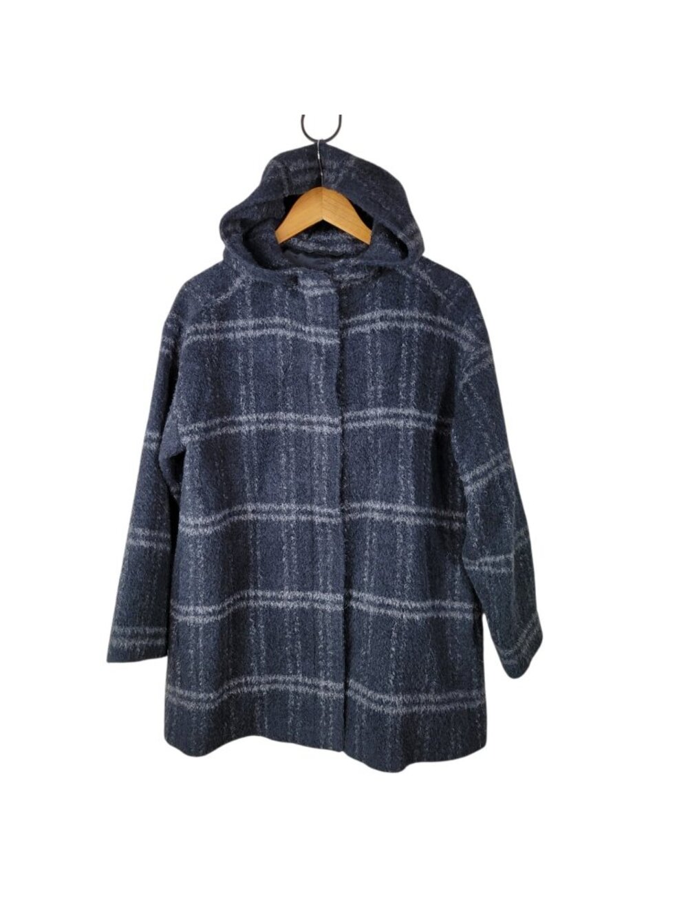 Eileen Fisher Alpaca Wool Blend Hooded Coat Size Small Plaid Pockets Grey Winter